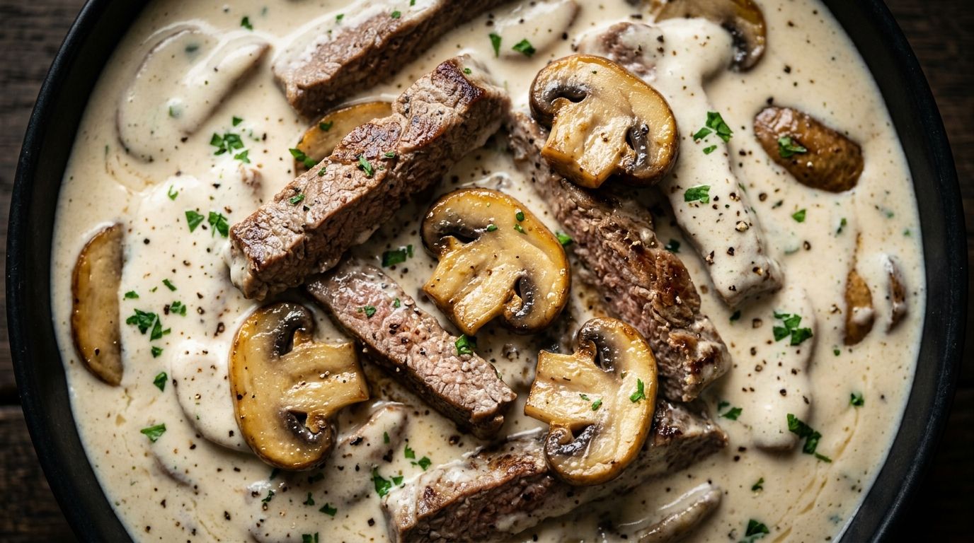 Keto beef stroganoff in a skillet with creamy mushroom sauce and sliced flank steak on a dark oak surface