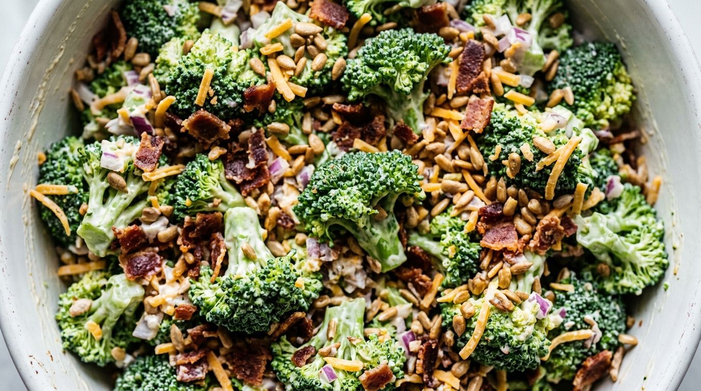 Keto broccoli salad with crispy bacon, shredded cheddar, and sunflower seeds in a white ceramic bowl.