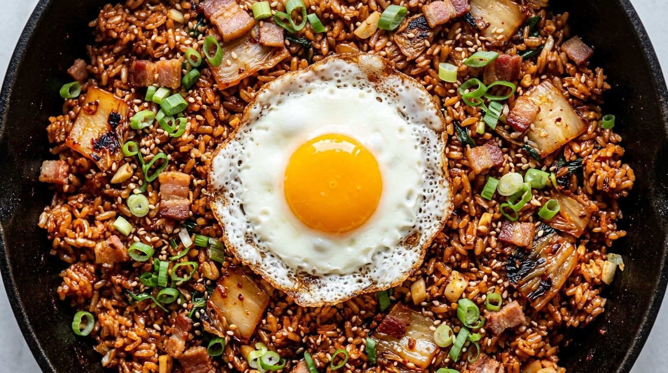 Kimchi fried rice in a cast-iron skillet topped with a sunny-side up egg and sliced green onions.