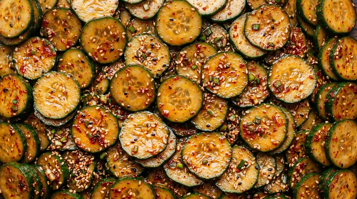 Korean cucumber salad with red gochugaru coating and sesame seeds in a white bowl