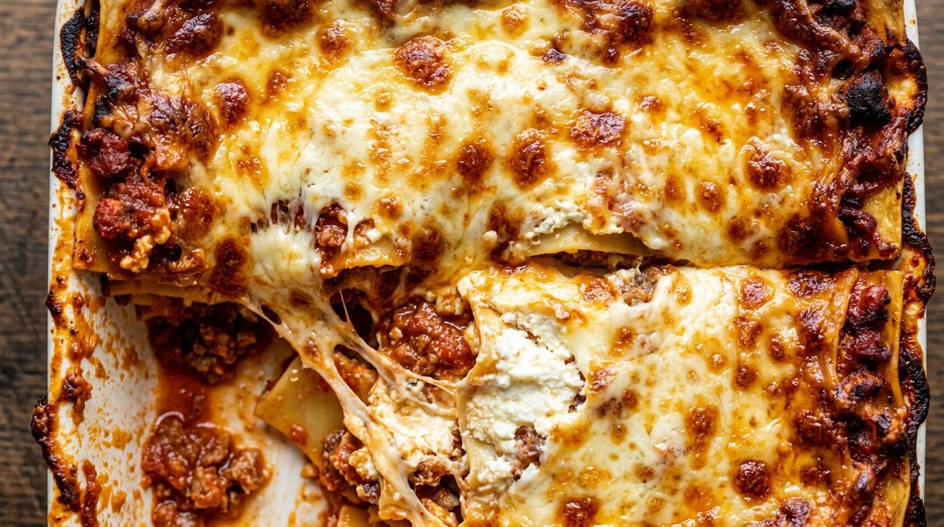 Sliced homemade lasagna in a baking dish showing golden mozzarella, meat sauce, and creamy ricotta layers.