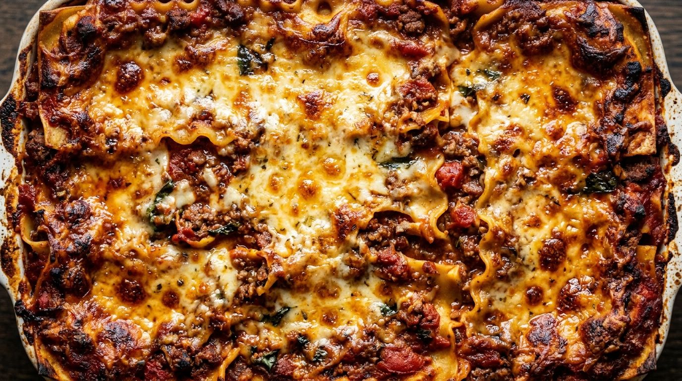 Overhead view of baked lasagna in a white ceramic dish with golden bubbling cheese and rich meat sauce layers.