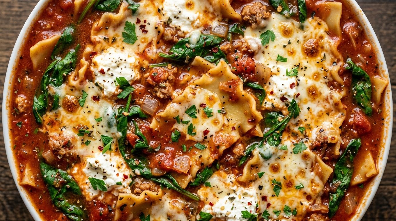 Lasagna soup in a bowl with broken noodles, spinach, and a three-cheese topping of ricotta, mozzarella, and Parmesan.