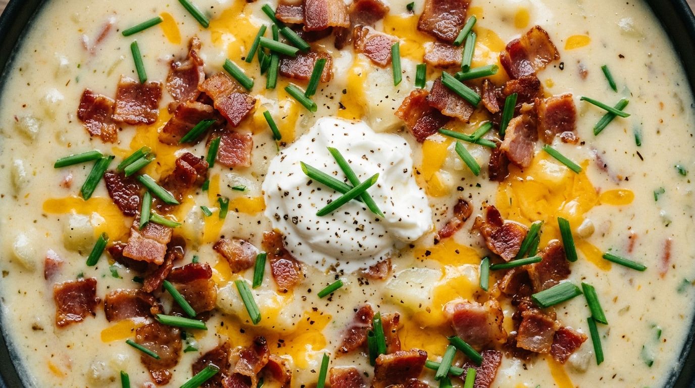 Loaded baked potato soup in a white bowl topped with crispy bacon, shredded cheddar, sour cream, and fresh chives.