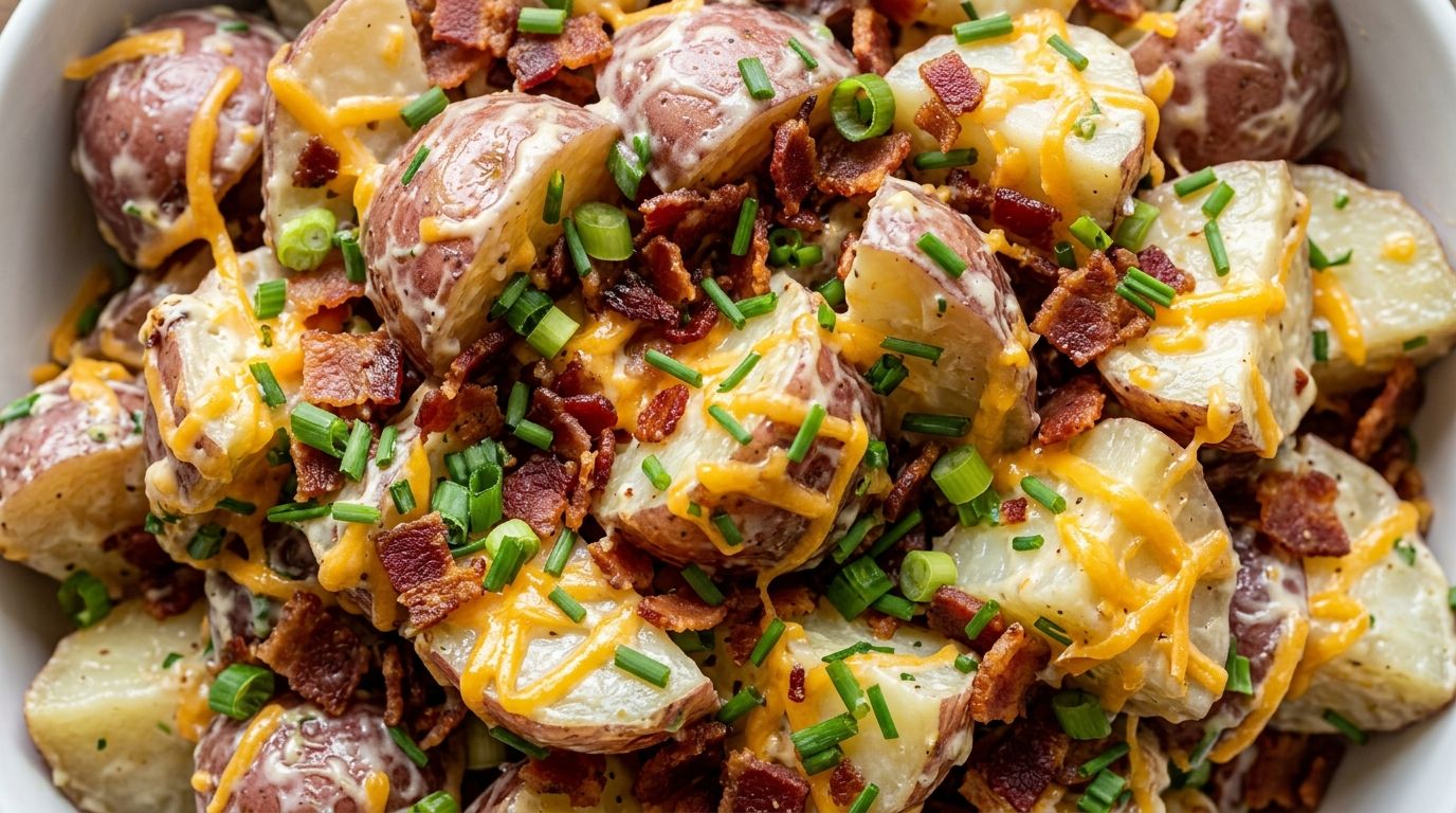 Loaded potato salad with red potatoes, crispy bacon, sharp cheddar cheese, and chives in a bowl.
