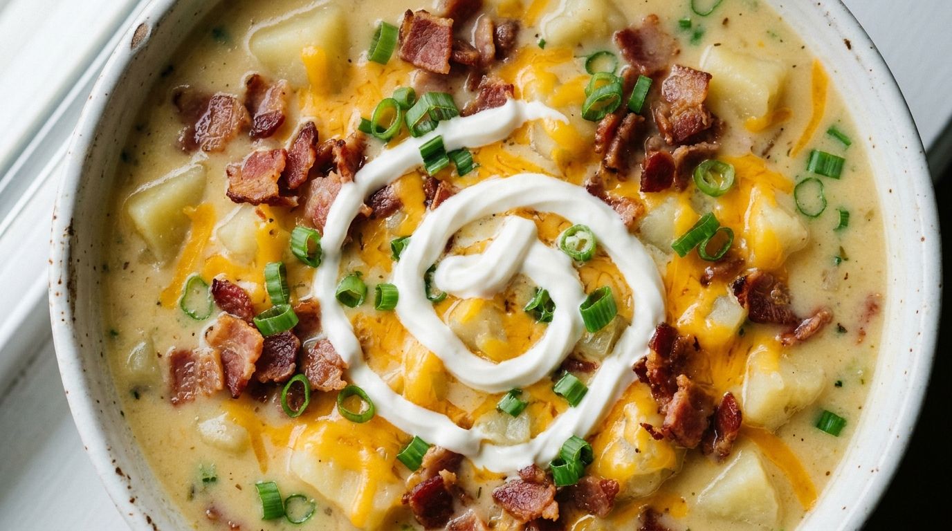 Loaded potato soup in a white bowl topped with crispy bacon, cheddar cheese, and green onions on a dark surface.