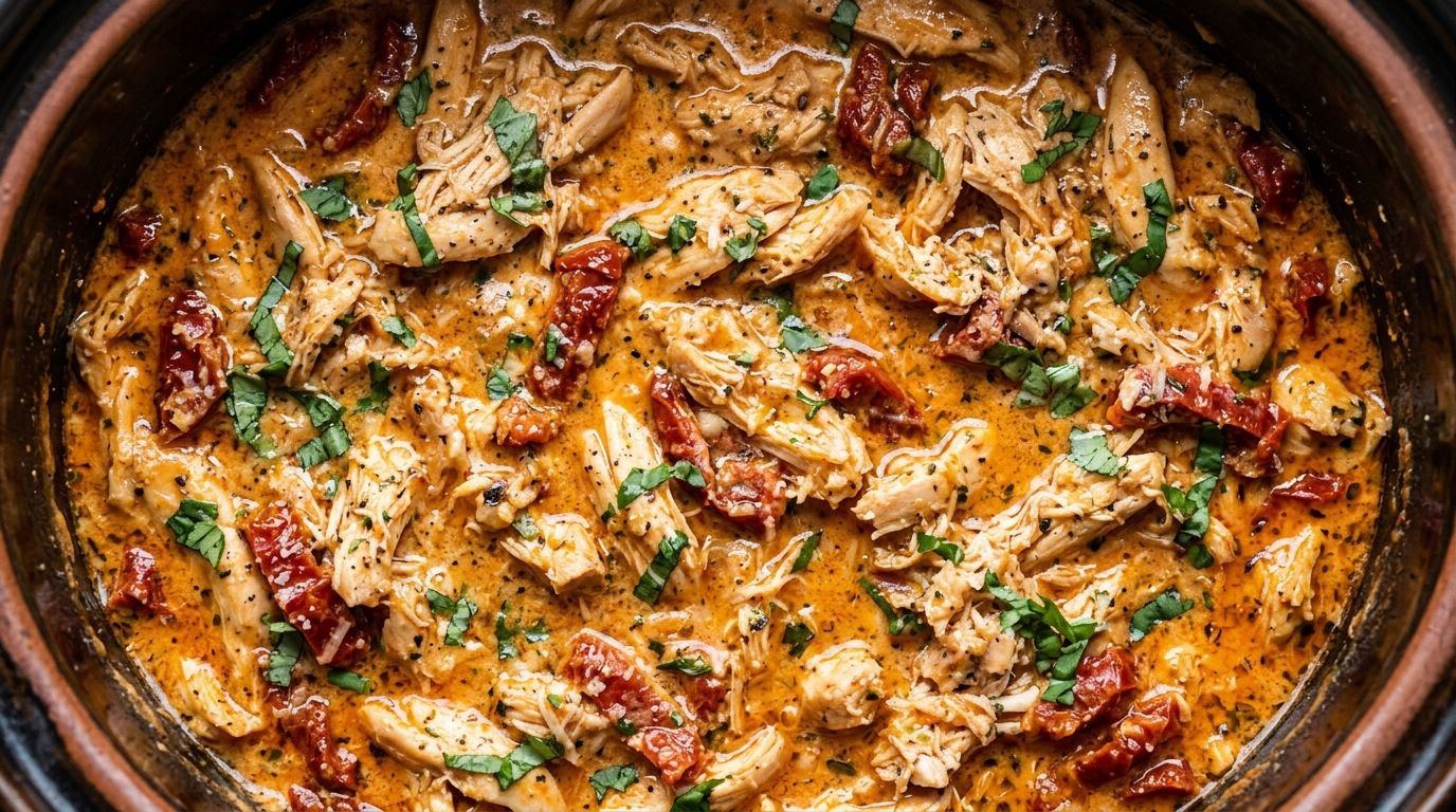 Shredded marry me chicken in creamy sun-dried tomato parmesan sauce inside a slow cooker, topped with fresh basil.