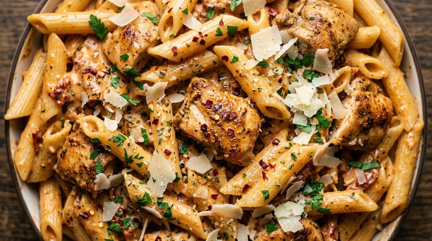 Creamy marry me chicken pasta in a wide pan with sun-dried tomatoes, parmesan, and golden chicken pieces on a dark wood surface.