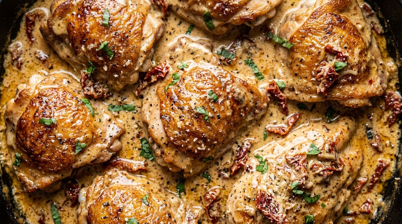 Marry me chicken in a creamy parmesan sun-dried tomato sauce in a cast-iron skillet with fresh basil on top.