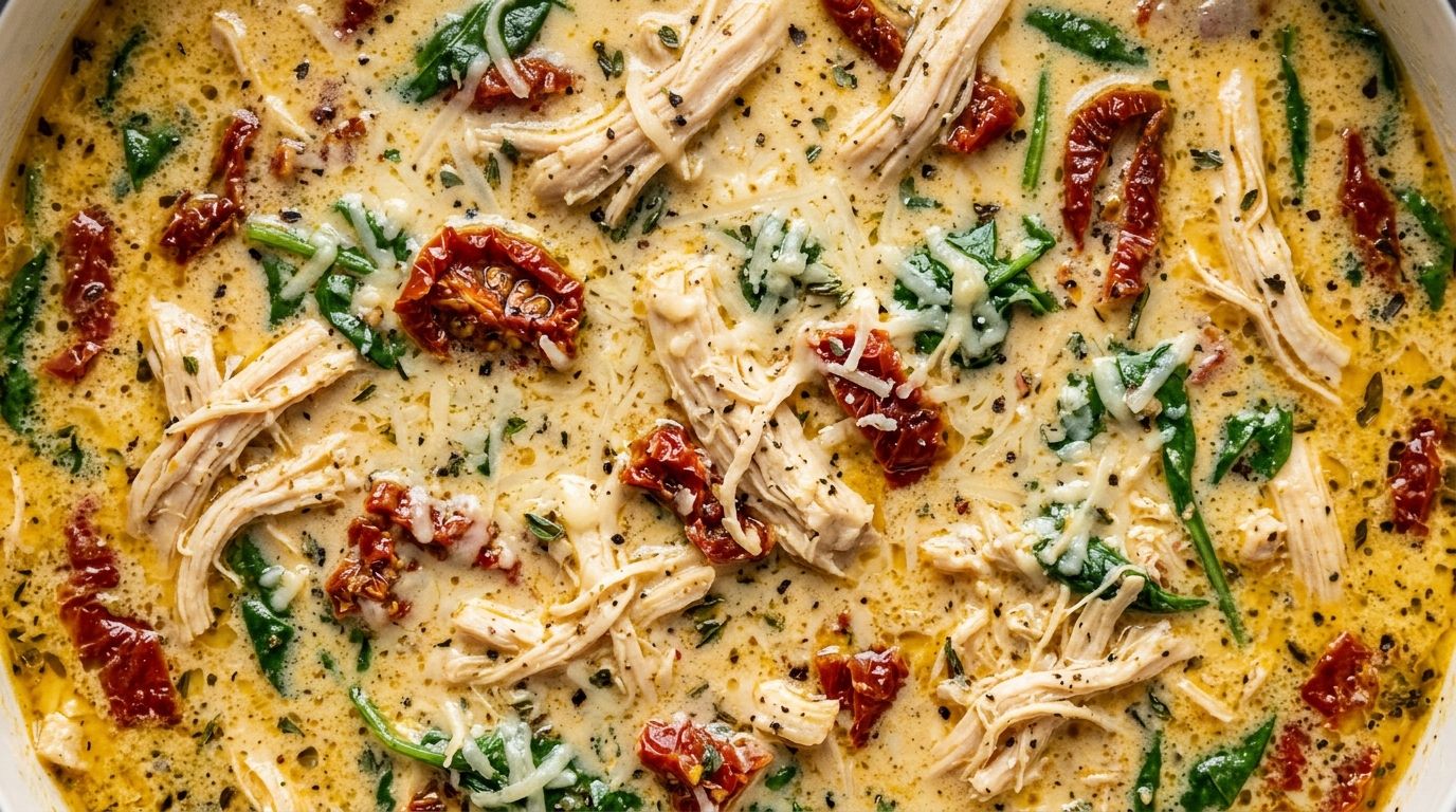 A bowl of creamy marry me chicken soup with sun-dried tomatoes, spinach, and parmesan on a dark oak surface.