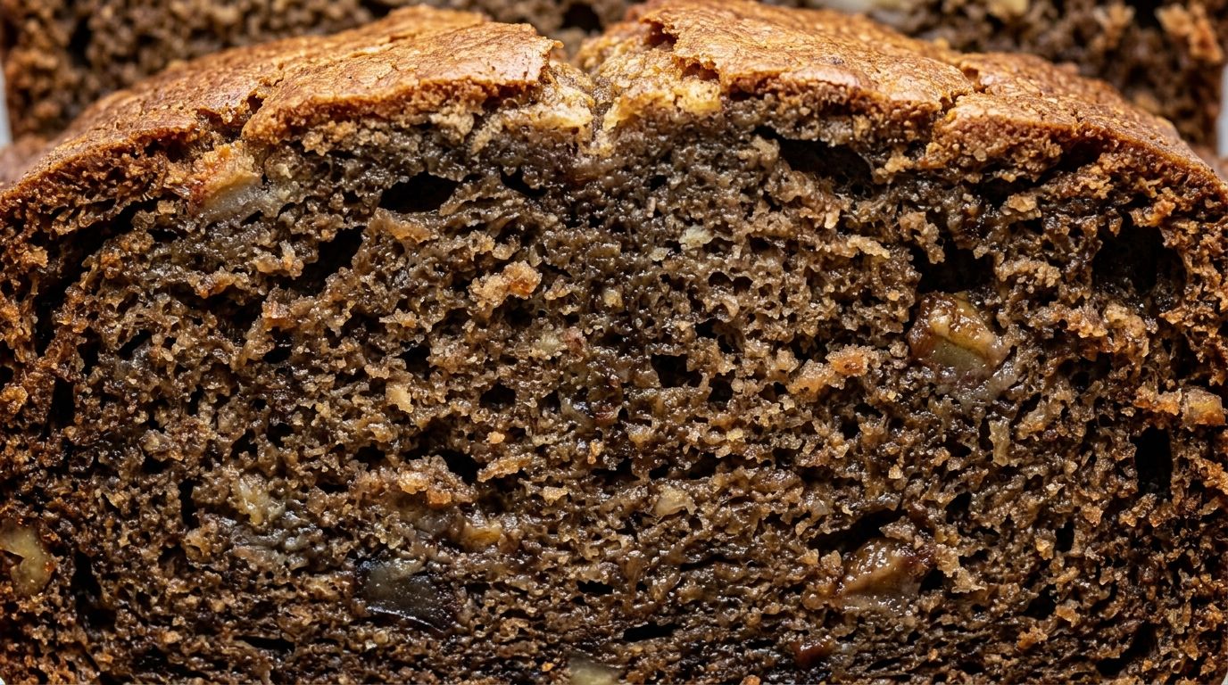 Sliced loaf of moist banana bread with golden crackled crust and dark open crumb on a worn dark oak surface.