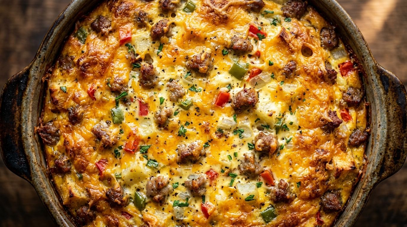 Golden overnight breakfast casserole with sausage, eggs, and melted cheddar in a white ceramic baking dish on a dark surface.