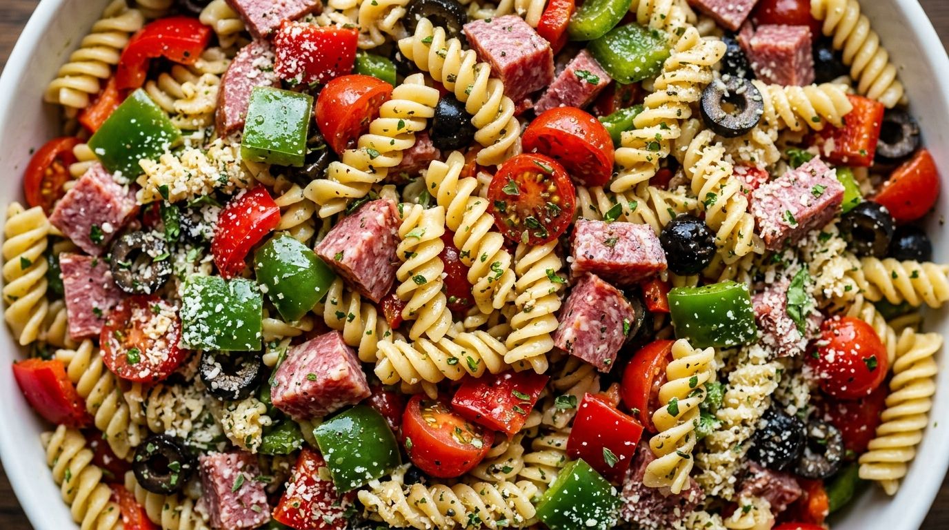 Pasta salad with italian dressing in a large white bowl with rotini, salami, and vegetables