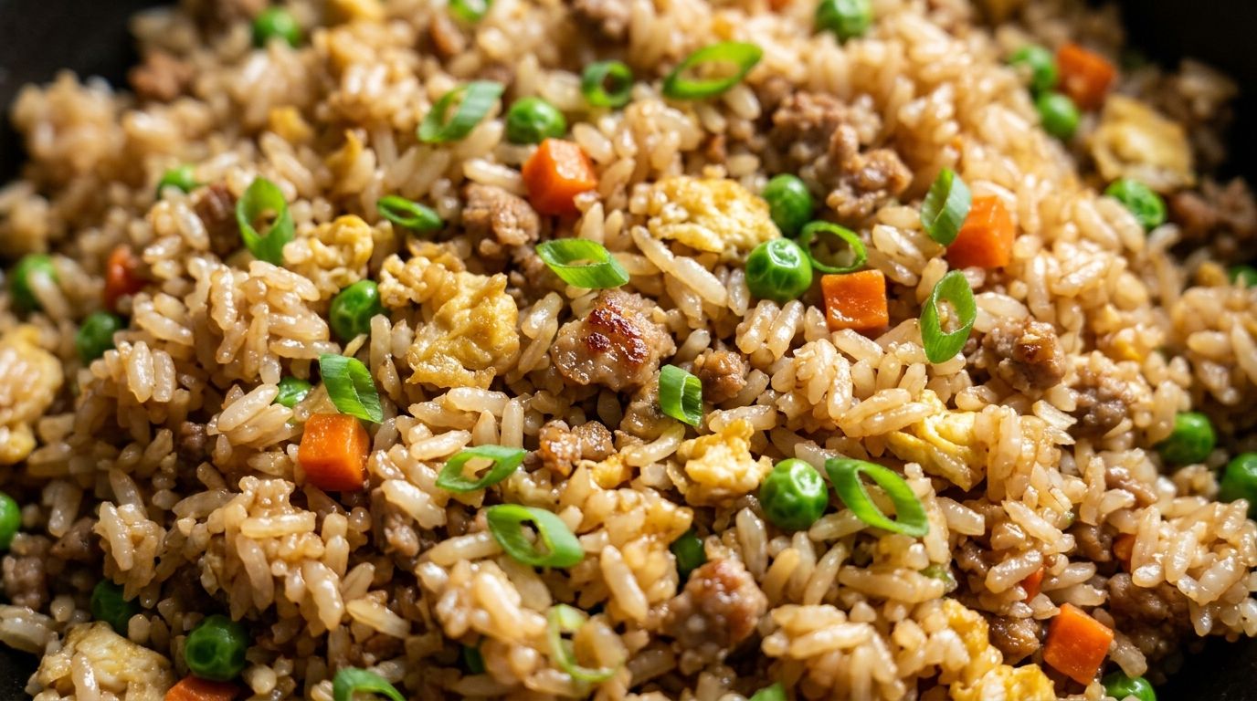 Pork fried rice with ground pork, scrambled eggs, peas, and carrots in a glossy soy sauce glaze on a dark surface.