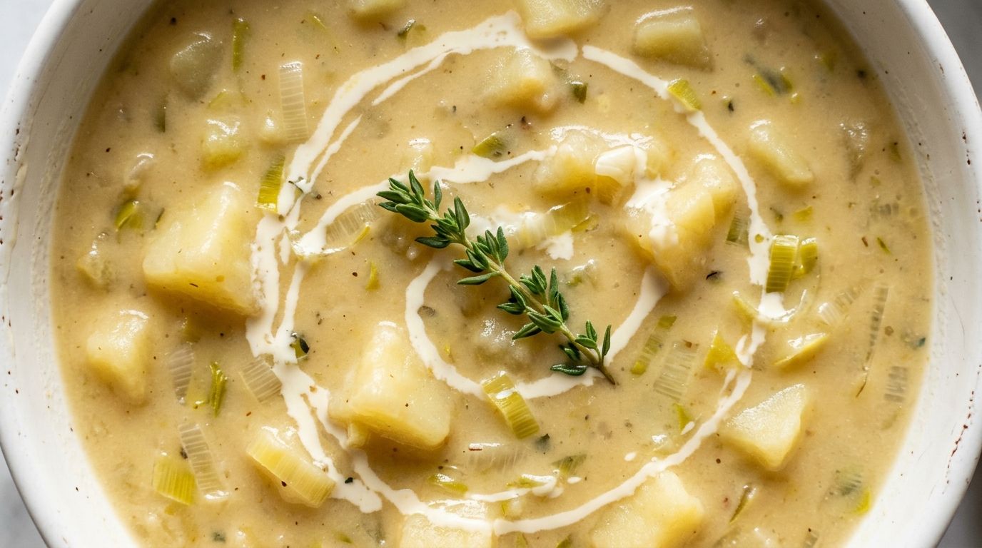 Creamy potato leek soup in a white bowl with a swirl of cream and fresh thyme on top.