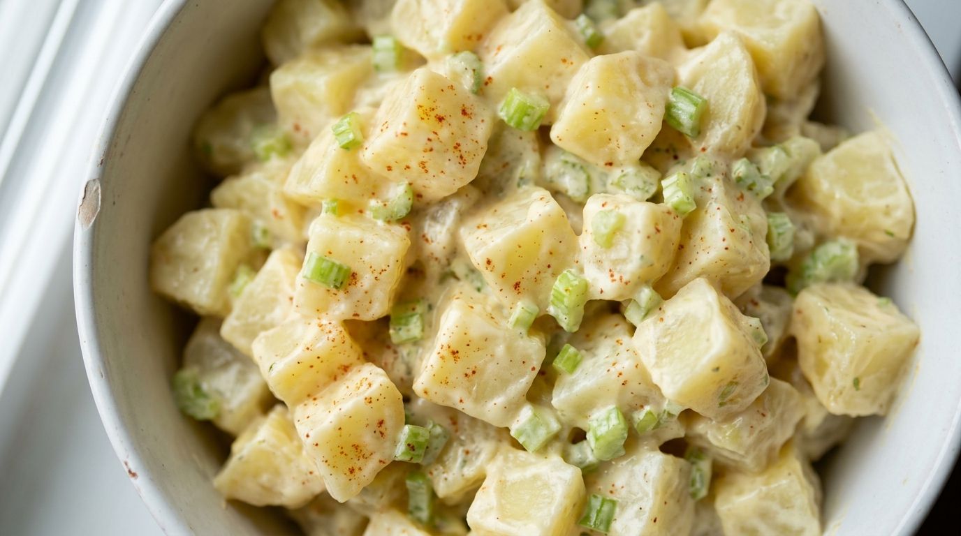 Creamy potato salad with Yukon Gold potatoes, hard-boiled eggs, and paprika garnish in a white ceramic bowl.
