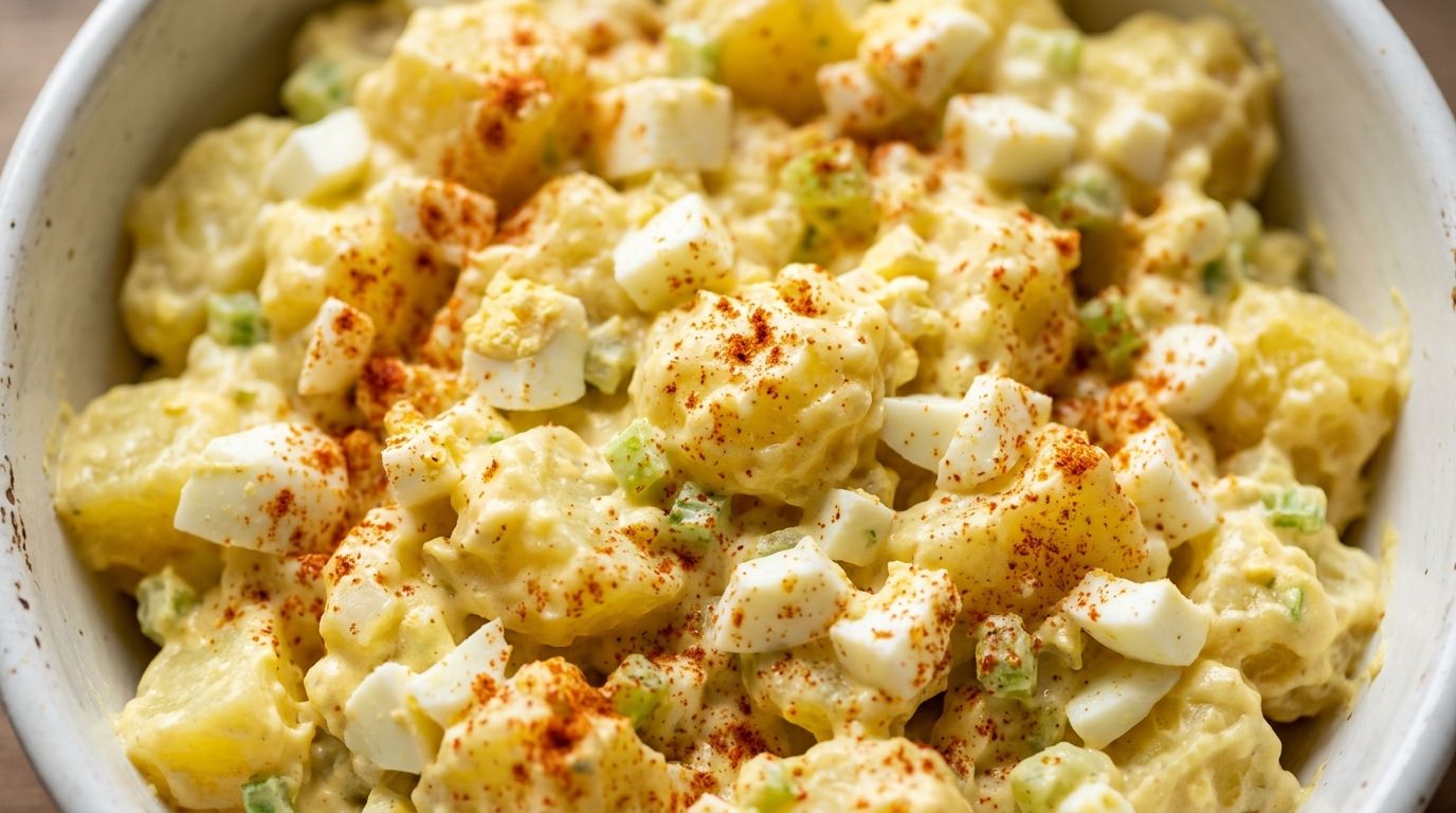 Classic potato salad with egg in a white bowl, topped with paprika and celery on a dark wood surface.