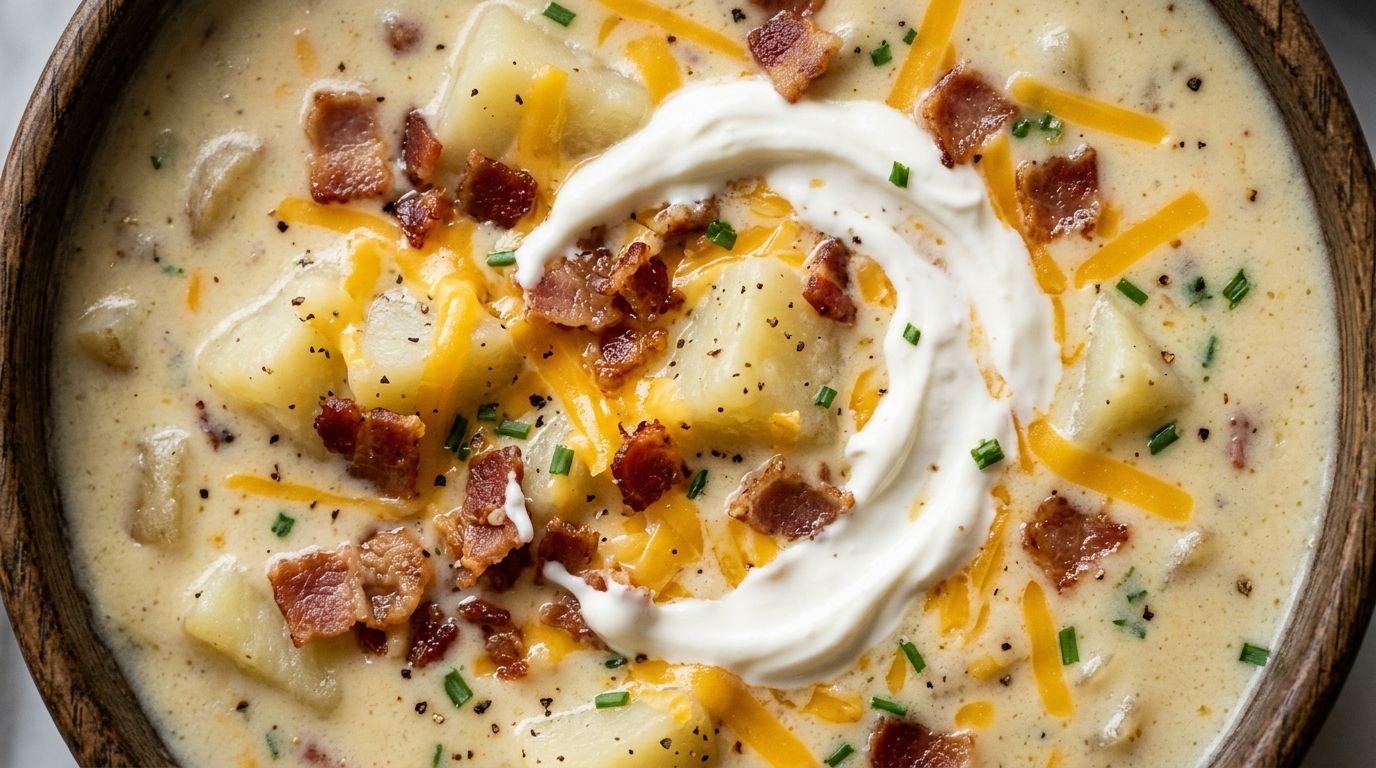 Creamy potato soup in a white bowl topped with crispy bacon, melted cheddar, and chives on a dark wood surface.