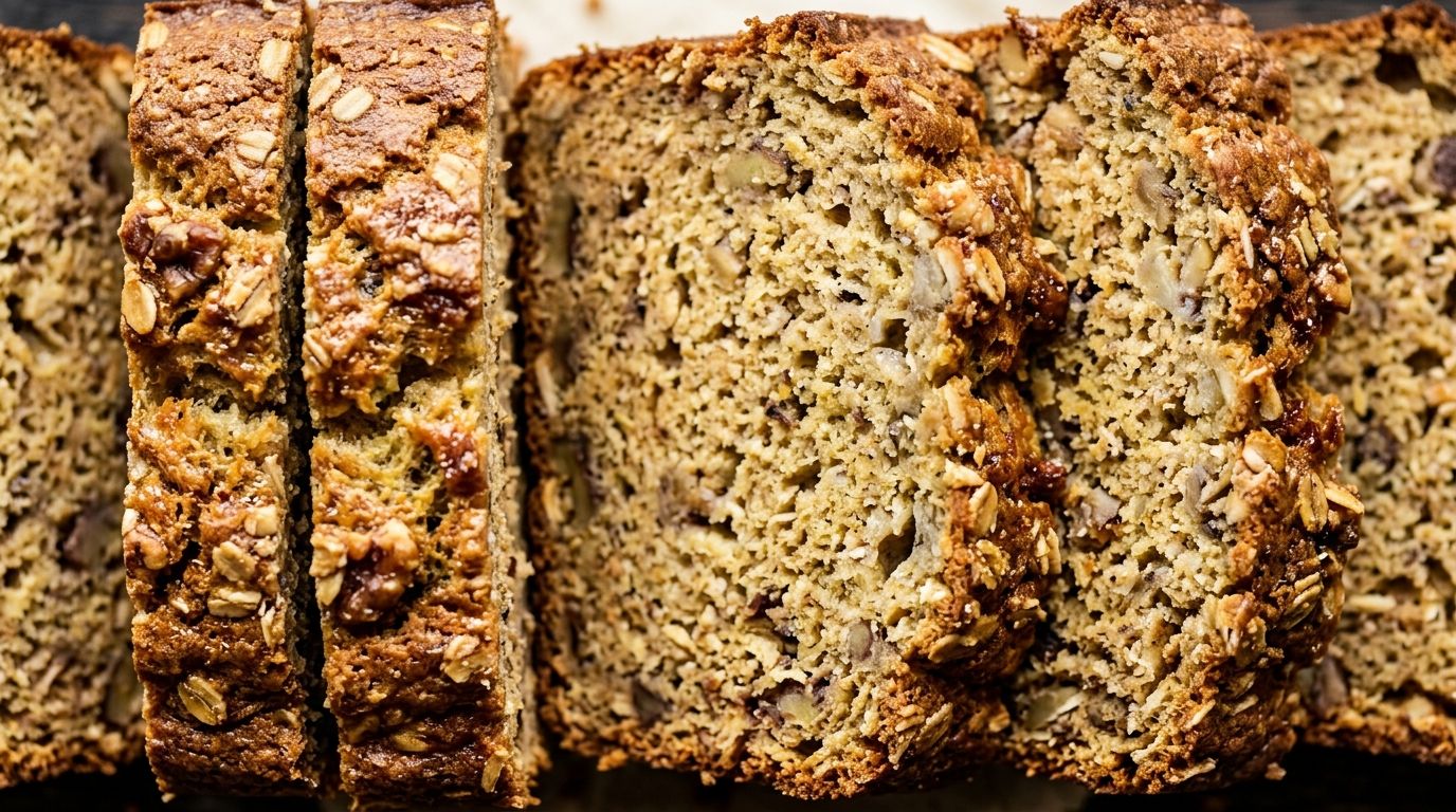 Sliced protein banana bread loaf on a dark wooden board showing golden crust and moist banana crumb.
