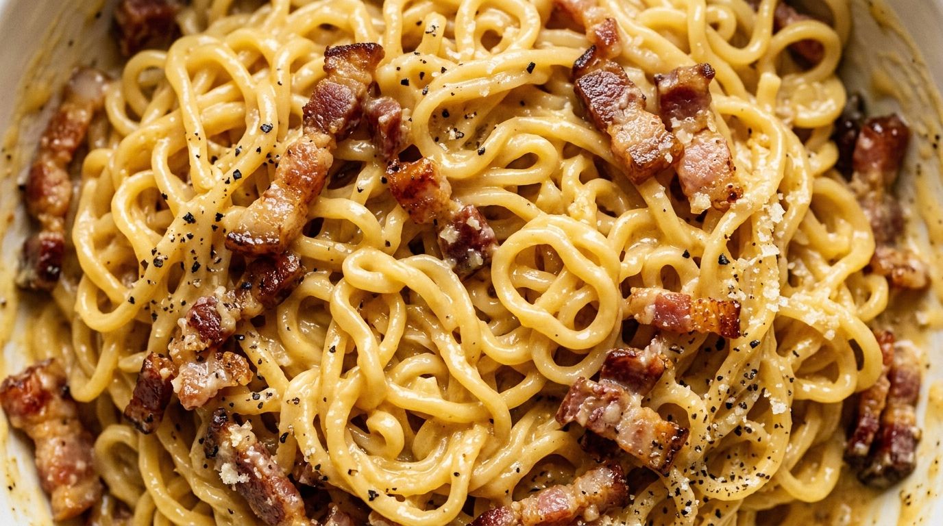 Creamy ramen carbonara with crispy bacon and parmesan in a white bowl on a dark oak surface.