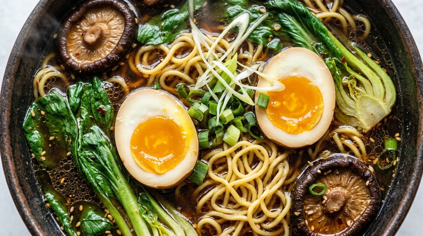 Homemade ramen soup bowl with soft-boiled egg, bok choy, mushrooms, and green onions