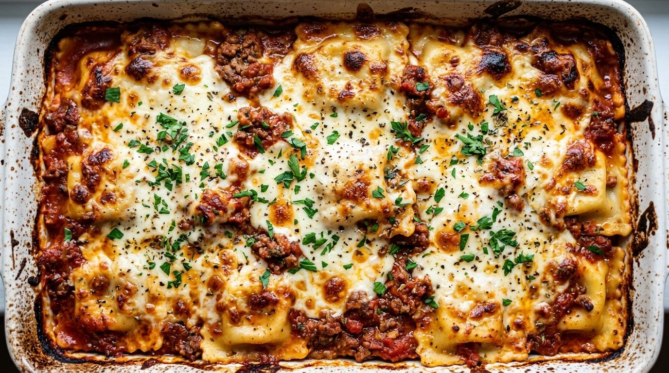Ravioli lasagna in a white baking dish with golden bubbling mozzarella and meat sauce visible between layers.