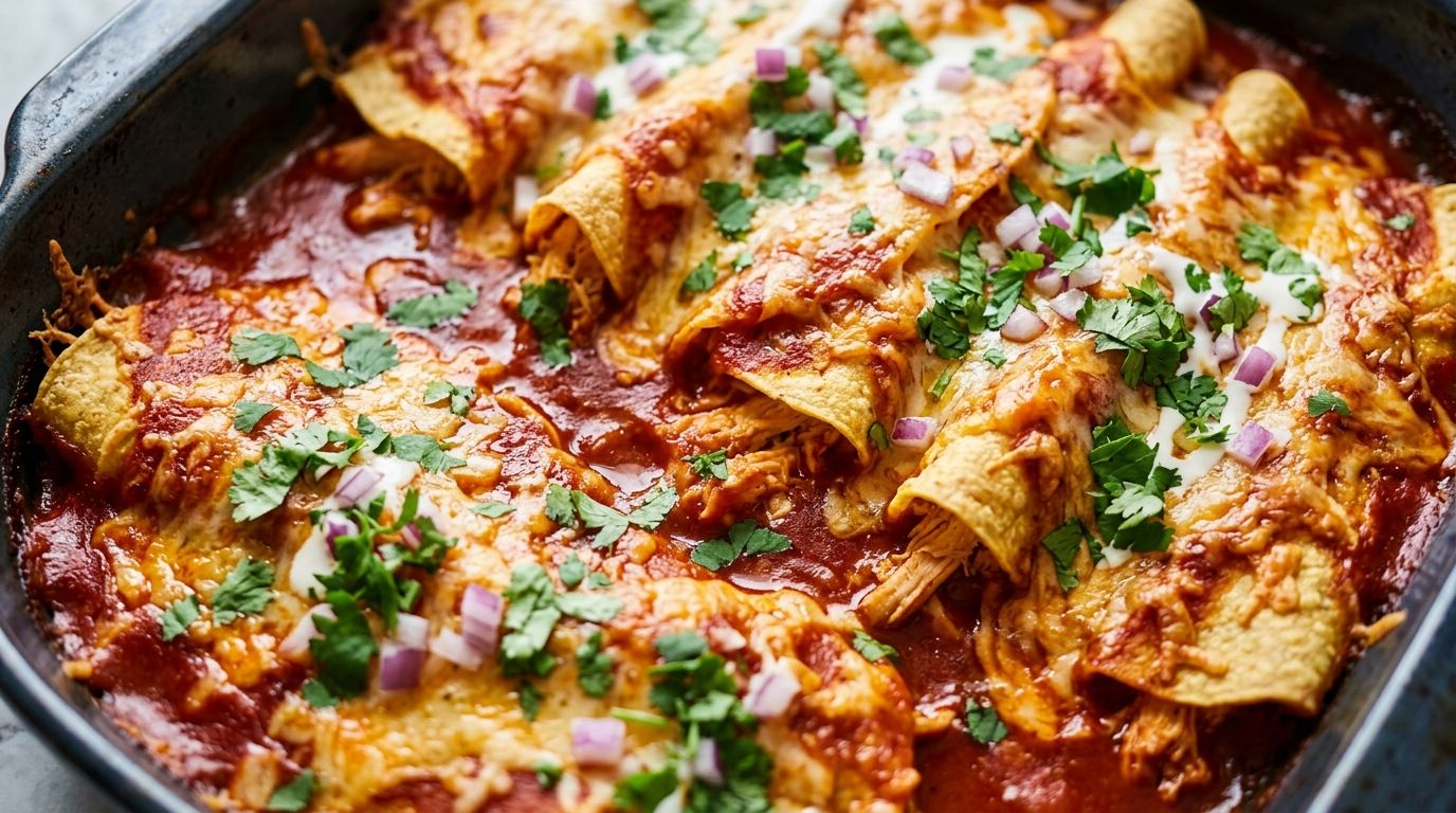 Rotisserie chicken enchiladas in a white baking dish with bubbling melted cheese and red sauce on a dark wood surface.