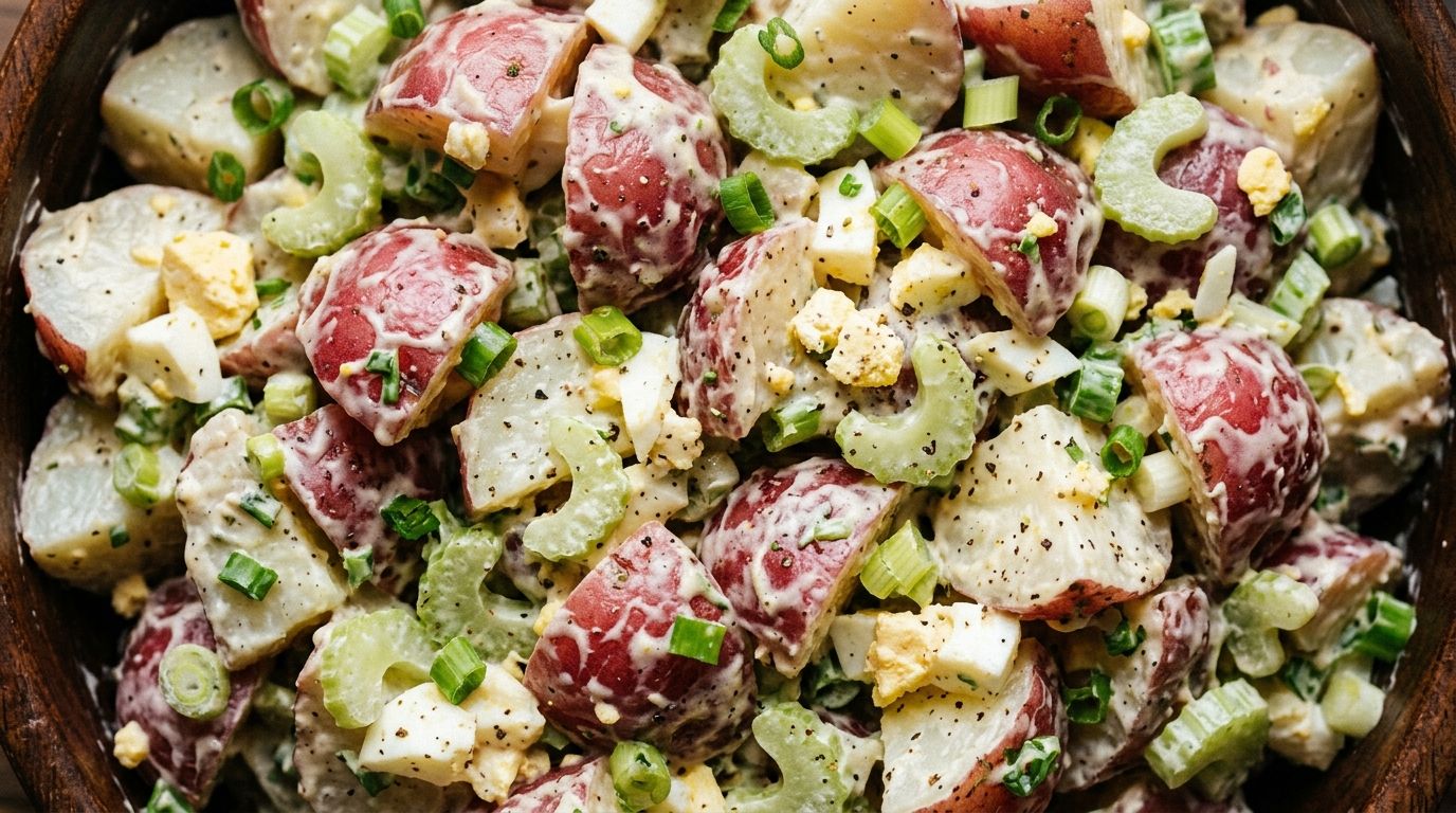 Red potato salad in a white bowl with celery, red onion, green onions, and chopped egg on a wooden board.