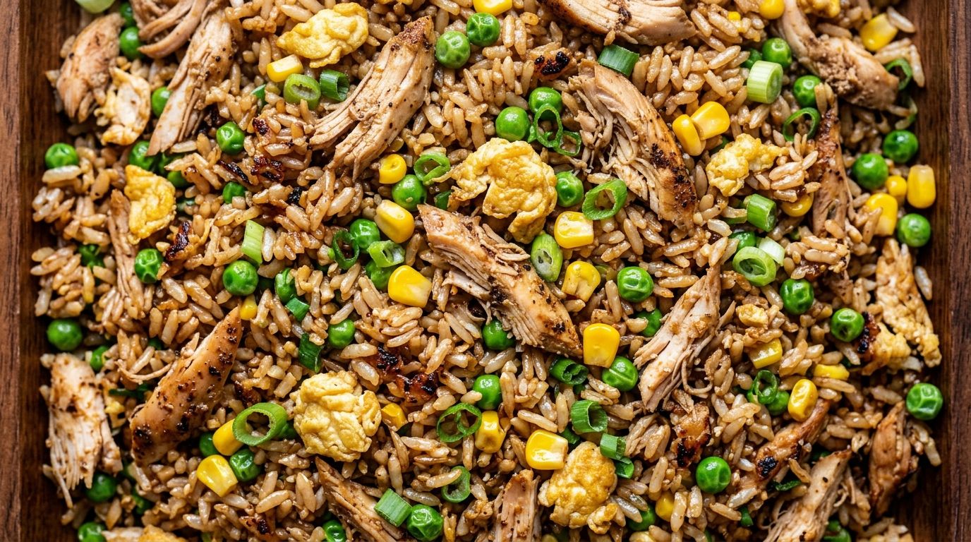 Overhead view of rotisserie chicken fried rice in a wok with shredded chicken, scrambled eggs, green peas, corn, and sliced green onions.