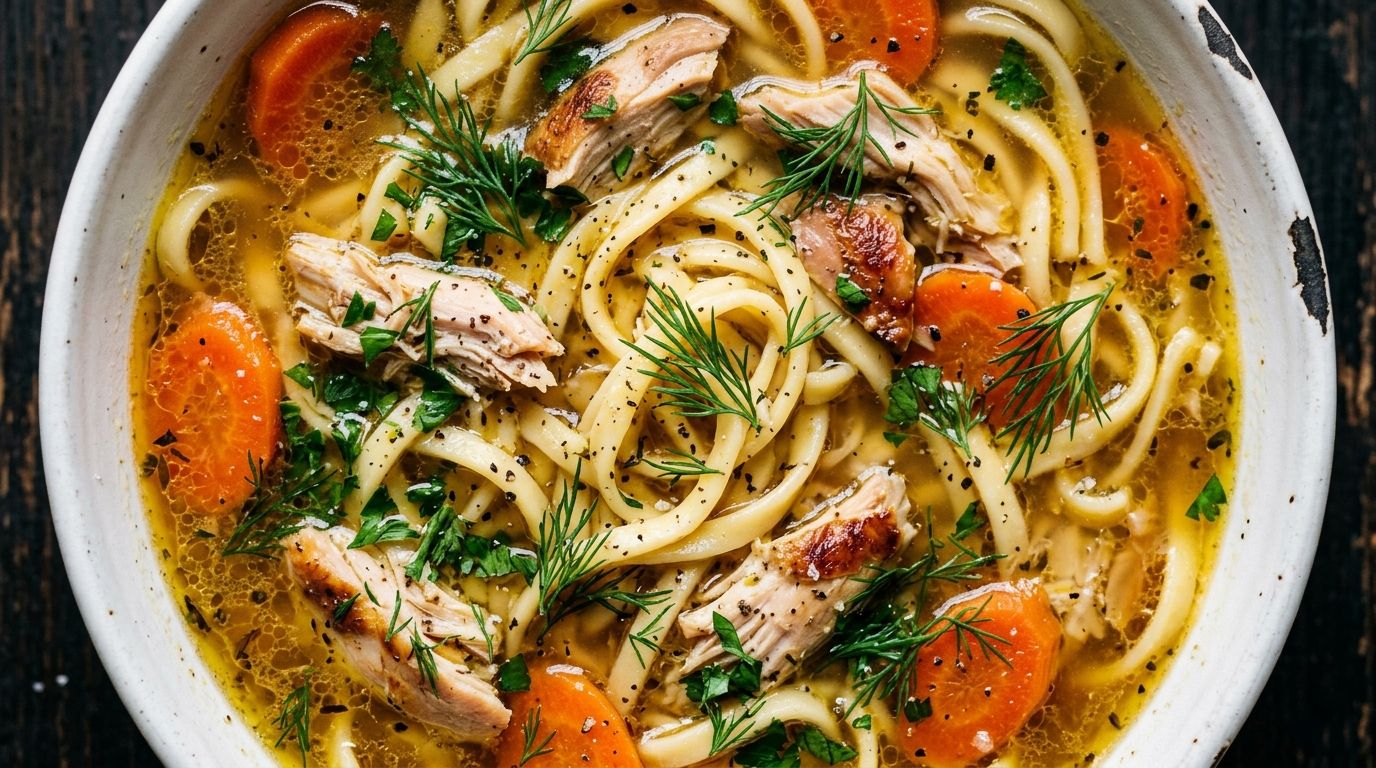 Wide white ceramic bowl of rotisserie chicken noodle soup with egg noodles, orange carrots, and fresh dill on dark oak.