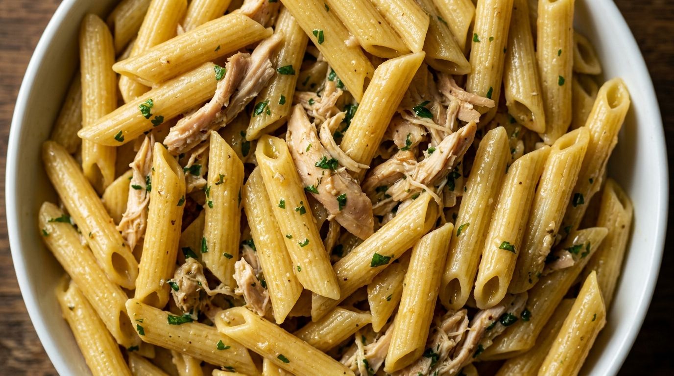 Rotisserie chicken garlic butter penne pasta in a white bowl with Parmesan and fresh parsley on a dark oak surface.