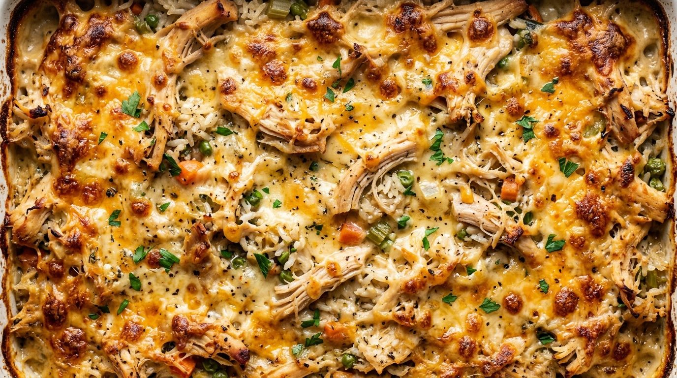 A baking dish of cheesy rotisserie chicken casserole with rice and peas topped with golden bubbling cheddar.