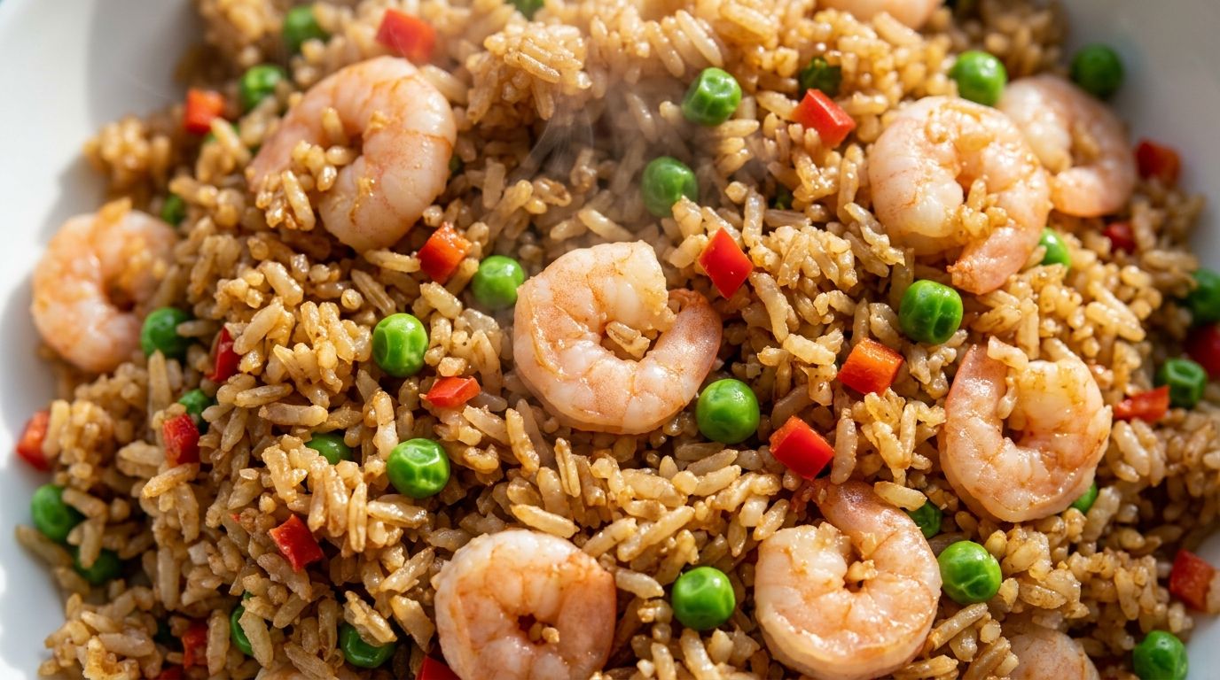 Shrimp fried rice in a hot skillet with peas, red bell pepper, and green onions on a dark wood surface.
