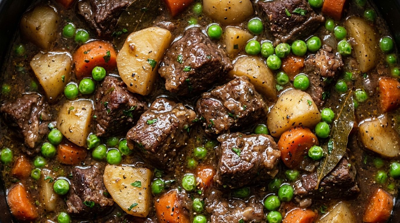 Slow cooker beef stew with chunks of beef, potatoes, carrots, and peas in a rich dark broth.