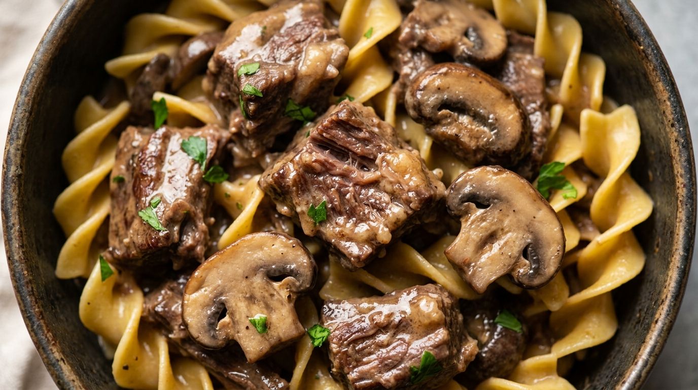 Slow cooker beef stroganoff with tender beef chunks and mushrooms in creamy sauce over egg noodles in a wide bowl.