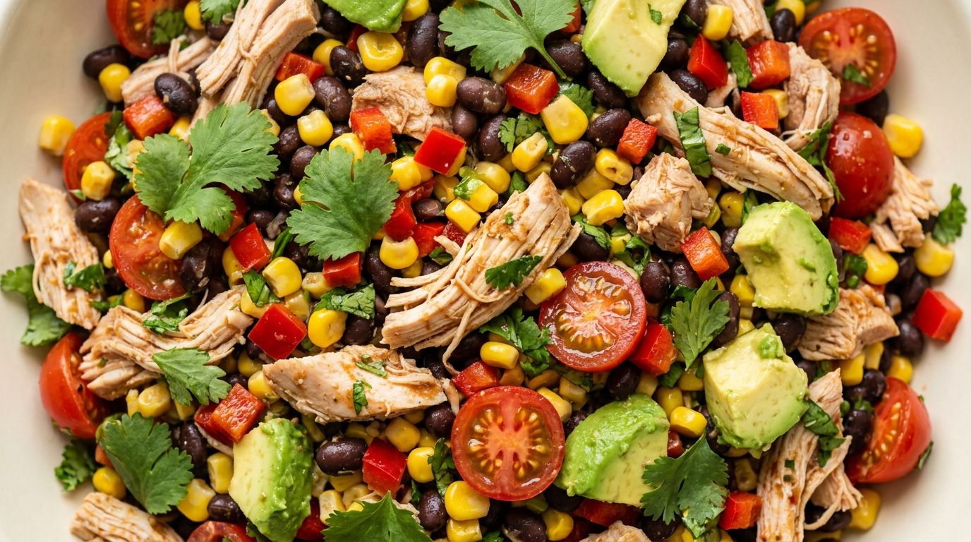 Southwest chicken salad in a bowl with black beans, corn, avocado, cherry tomatoes, and cilantro on a dark wood surface.