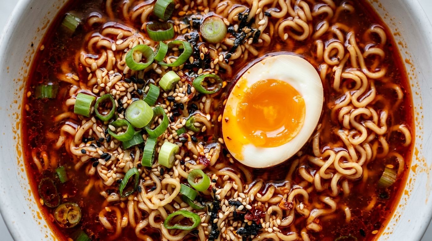 Spicy ramen in a white bowl with red broth, curly noodles, halved soft-boiled egg, and green onions.