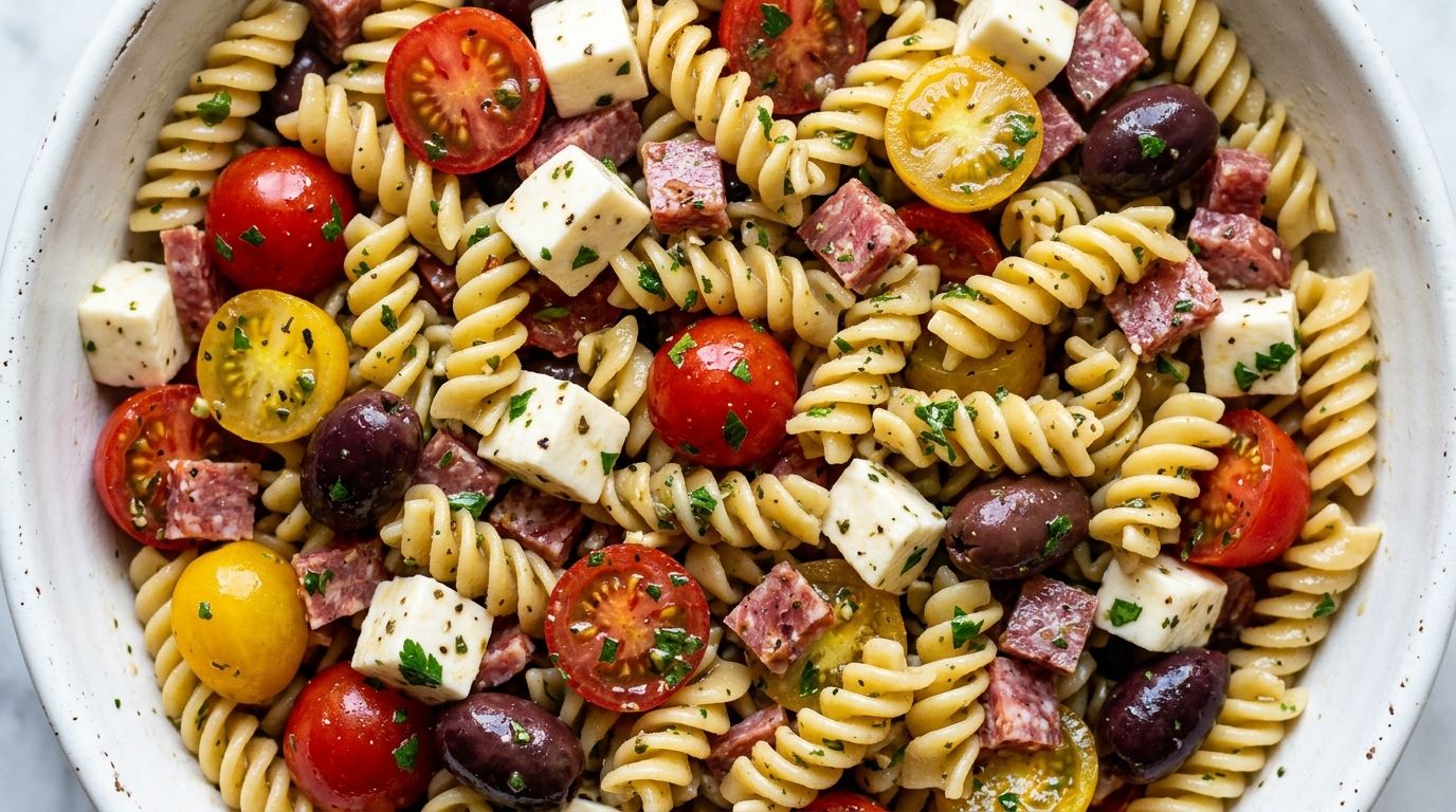 Overhead view of summer pasta salad with rotini, cherry tomatoes, mozzarella, salami, and olives in a white bowl.