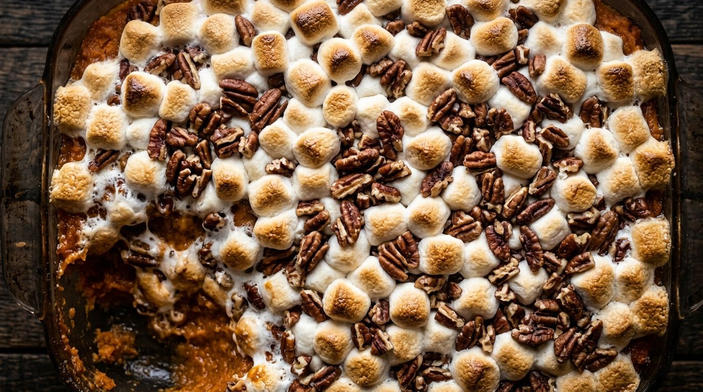 A baking dish of sweet potato casserole with toasted pecans and golden puffed marshmallows on top.