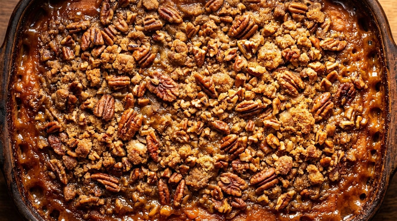 Overhead view of sweet potato casserole with canned yams topped with a golden pecan brown sugar crumble in a white baking dish.