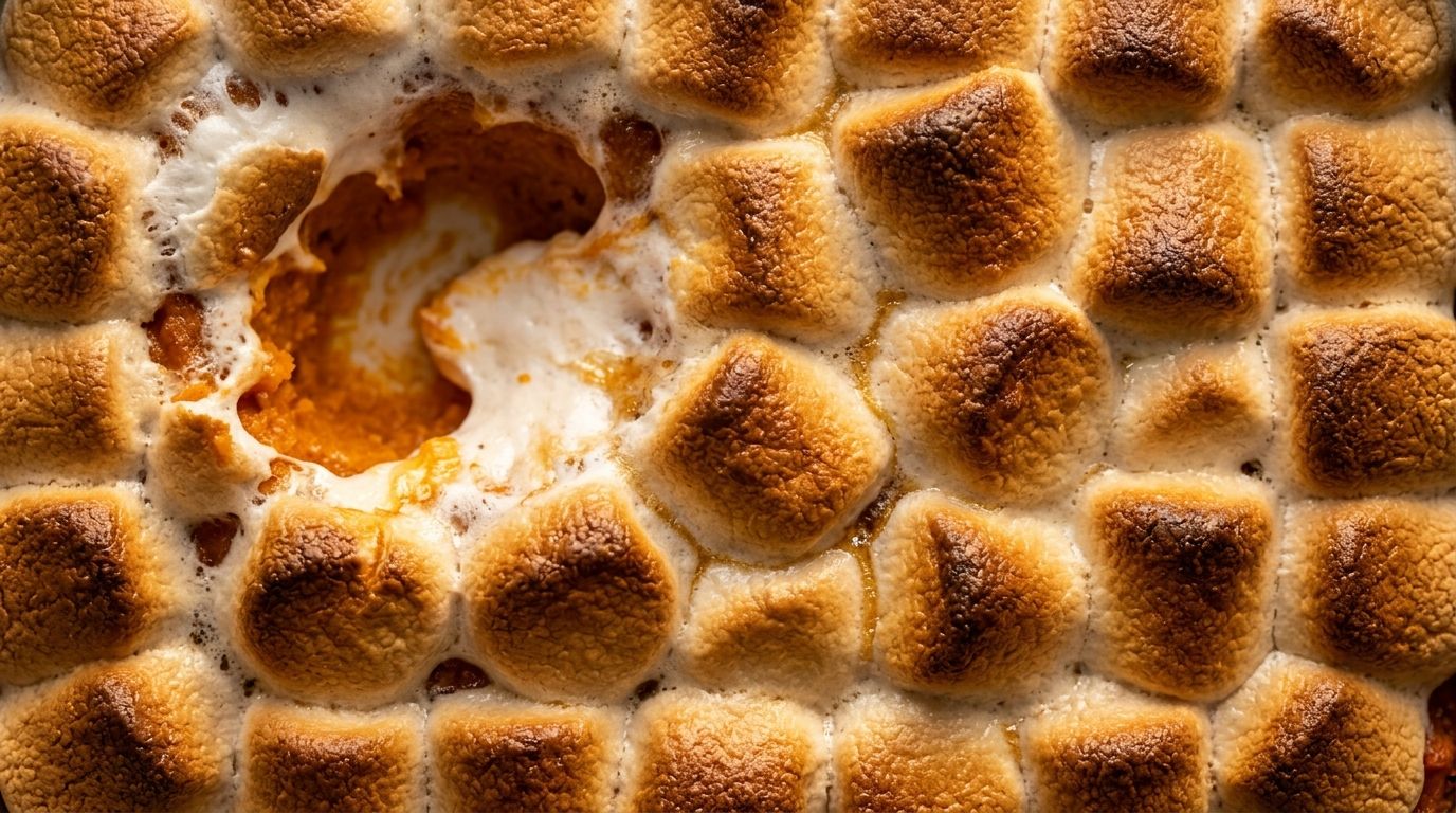 Sweet potato casserole with golden toasted marshmallows in a white baking dish on a dark oak surface.
