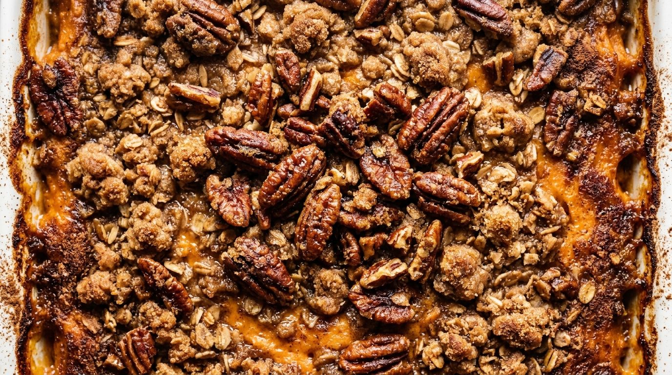 Sweet potato casserole with golden pecan crumble topping in a white baking dish on a dark wood surface.