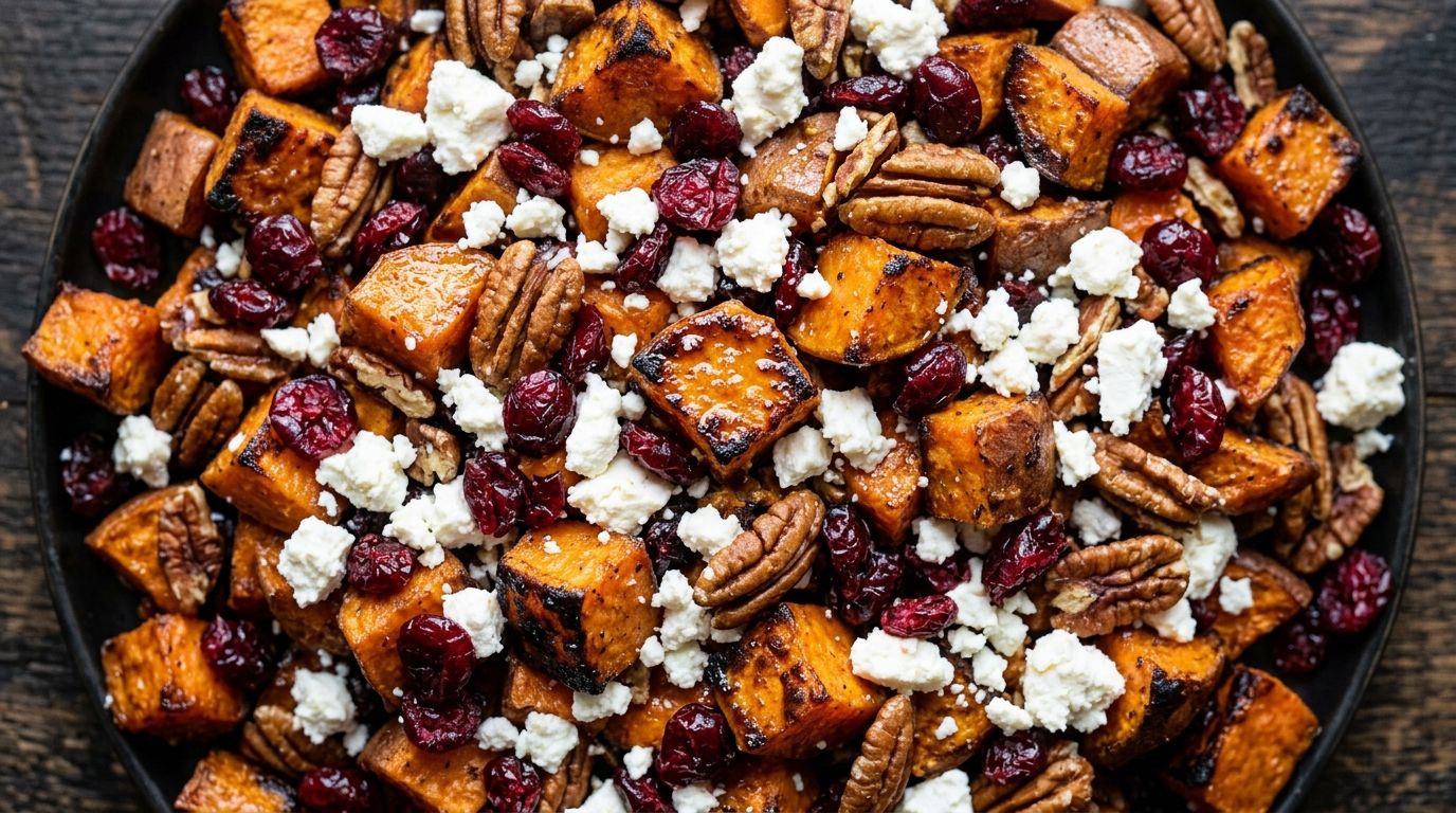 Roasted sweet potato salad with feta, dried cranberries, and pecans in a white bowl on a dark wood surface.