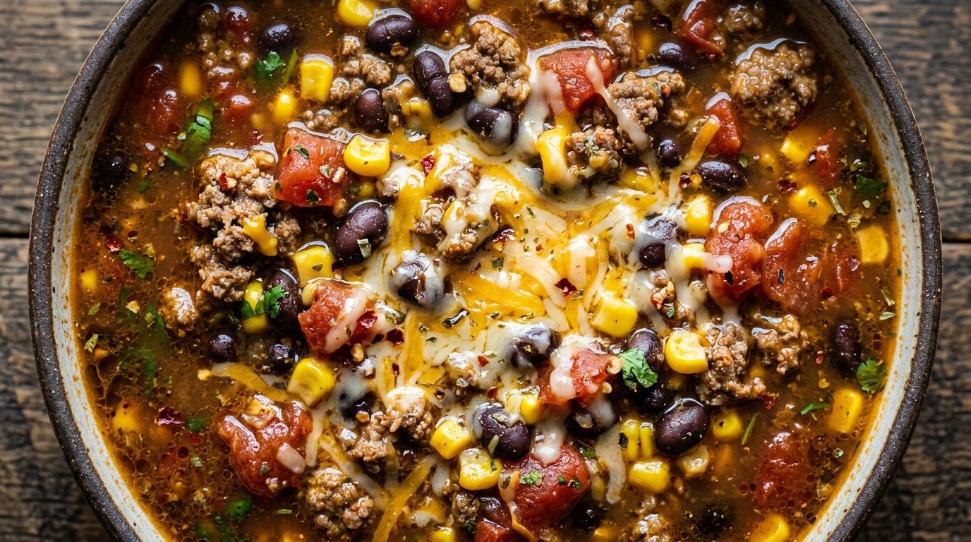 A bowl of taco soup with ground beef, black beans, corn, and melted cheddar in a dark amber broth.