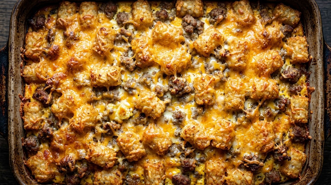 Tater tot breakfast casserole in a baking dish with golden cheese and crispy tots on top.
