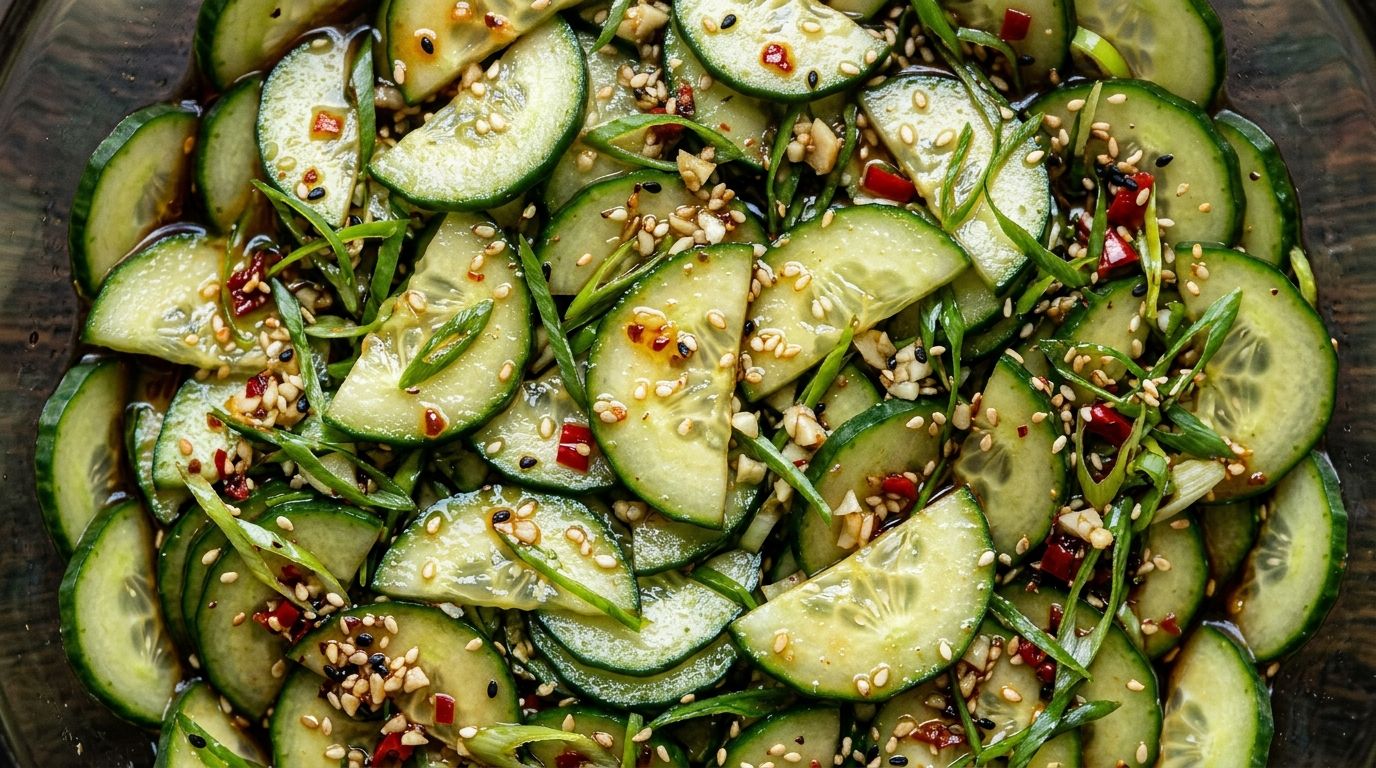 Thin-sliced cucumber in garlicky soy-sesame sauce topped with sesame seeds and sliced green onions in a dark bowl