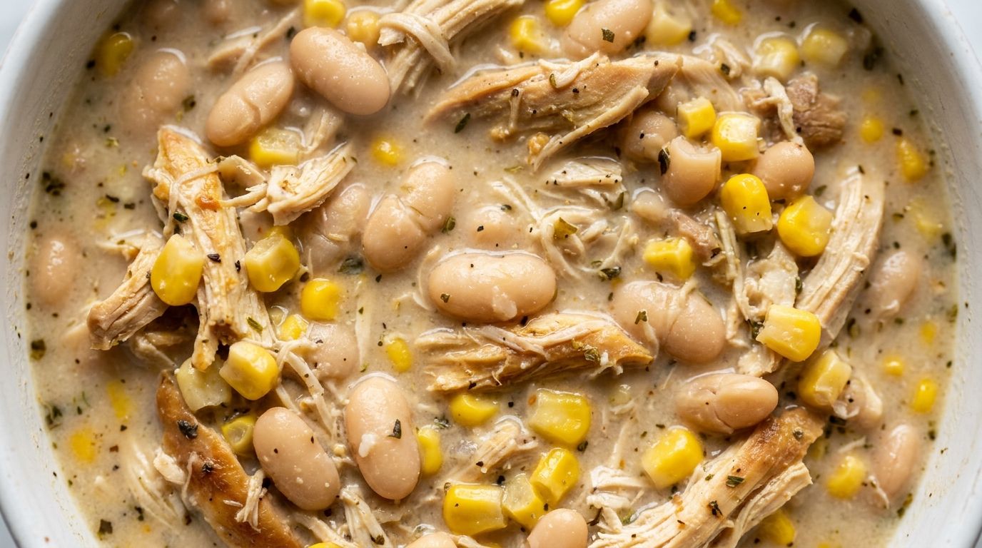 White bean chicken chili in a white ceramic bowl with shredded chicken, cannellini beans, corn, and a squeeze of lime.