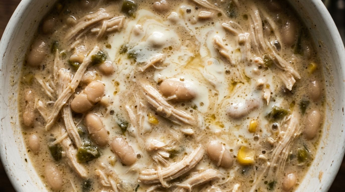 Creamy white chicken chili with shredded chicken, white beans, and green chiles in a white ceramic bowl on a dark surface.