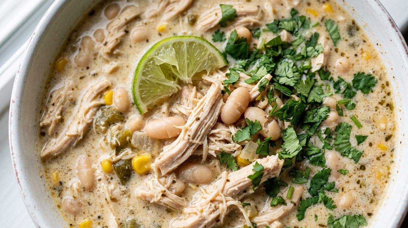 A bowl of creamy white chicken chili with shredded chicken, white beans, and corn topped with fresh cilantro and a lime wedge.