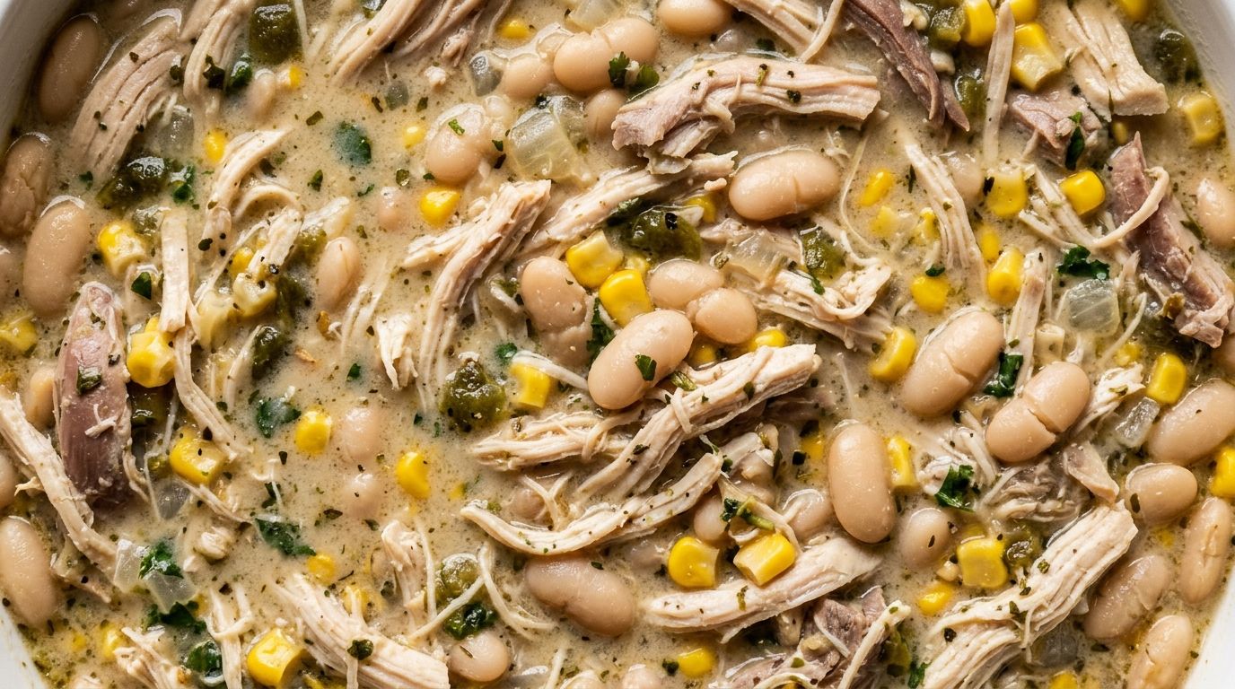 Creamy white chicken chili with shredded chicken, white beans, and corn in a rustic bowl